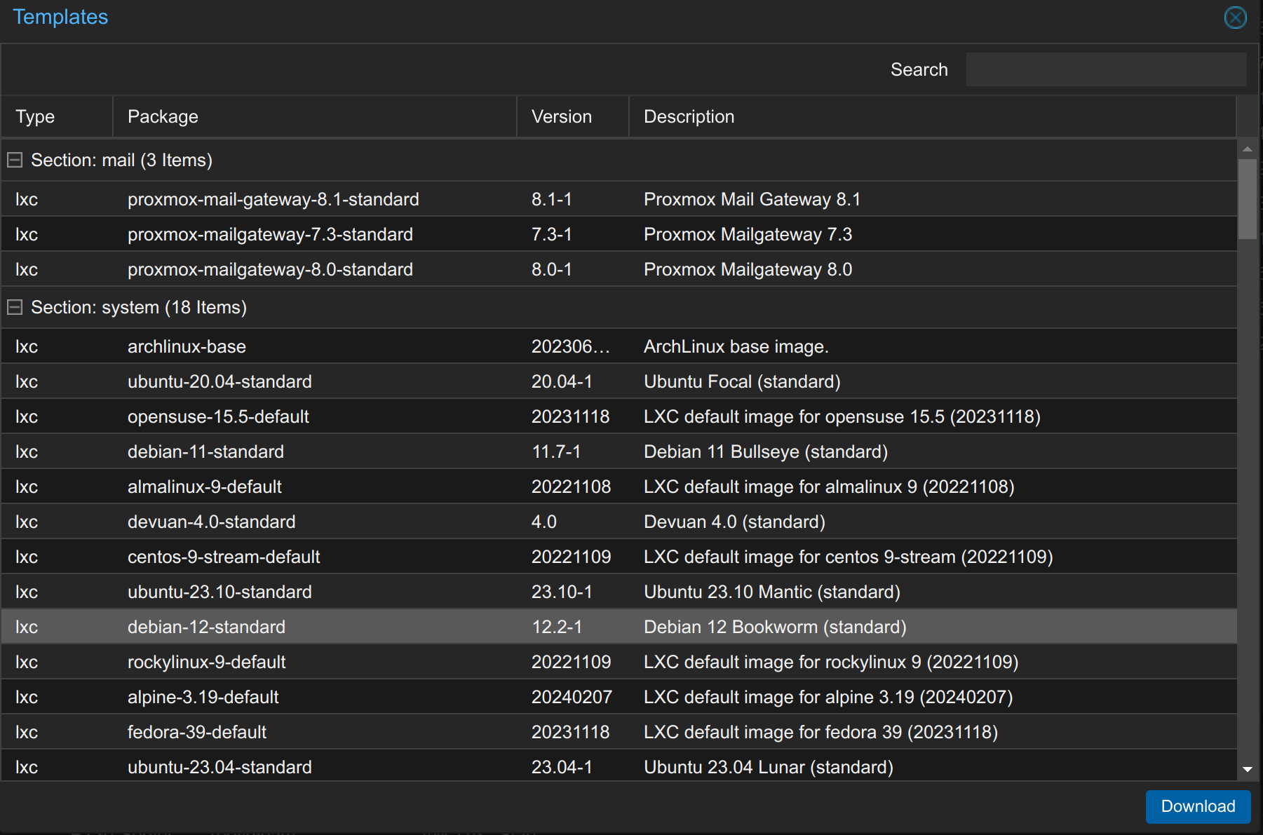 Install Proxmox Container LXC in 10 steps 2 download template