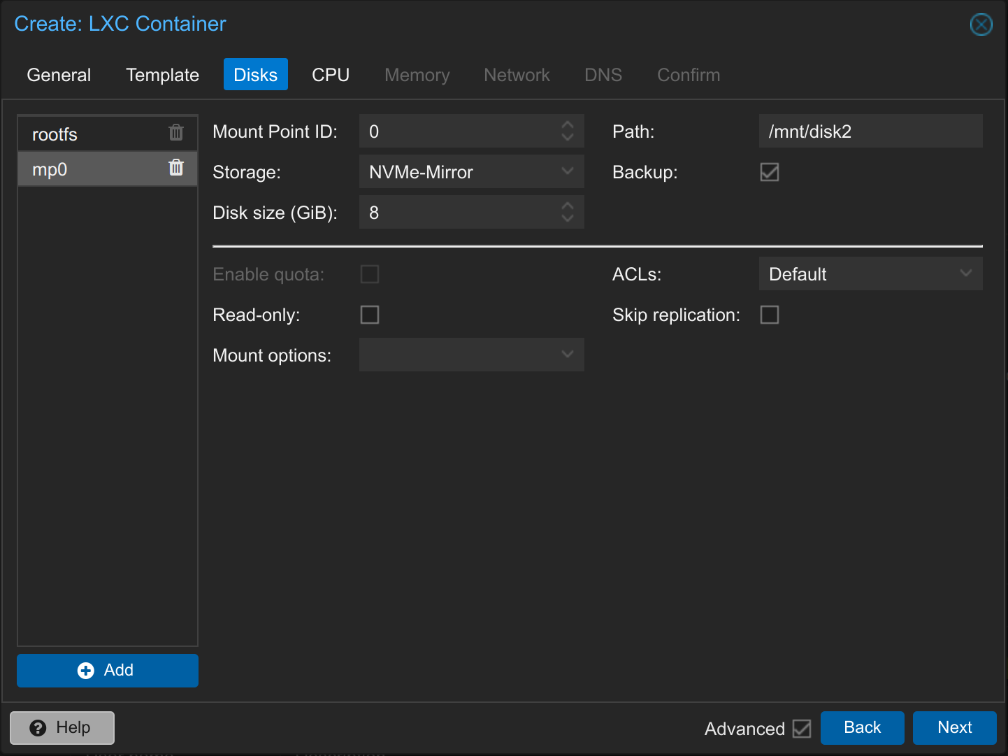 Install Proxmox Container LXC in 10 steps 6 second disk