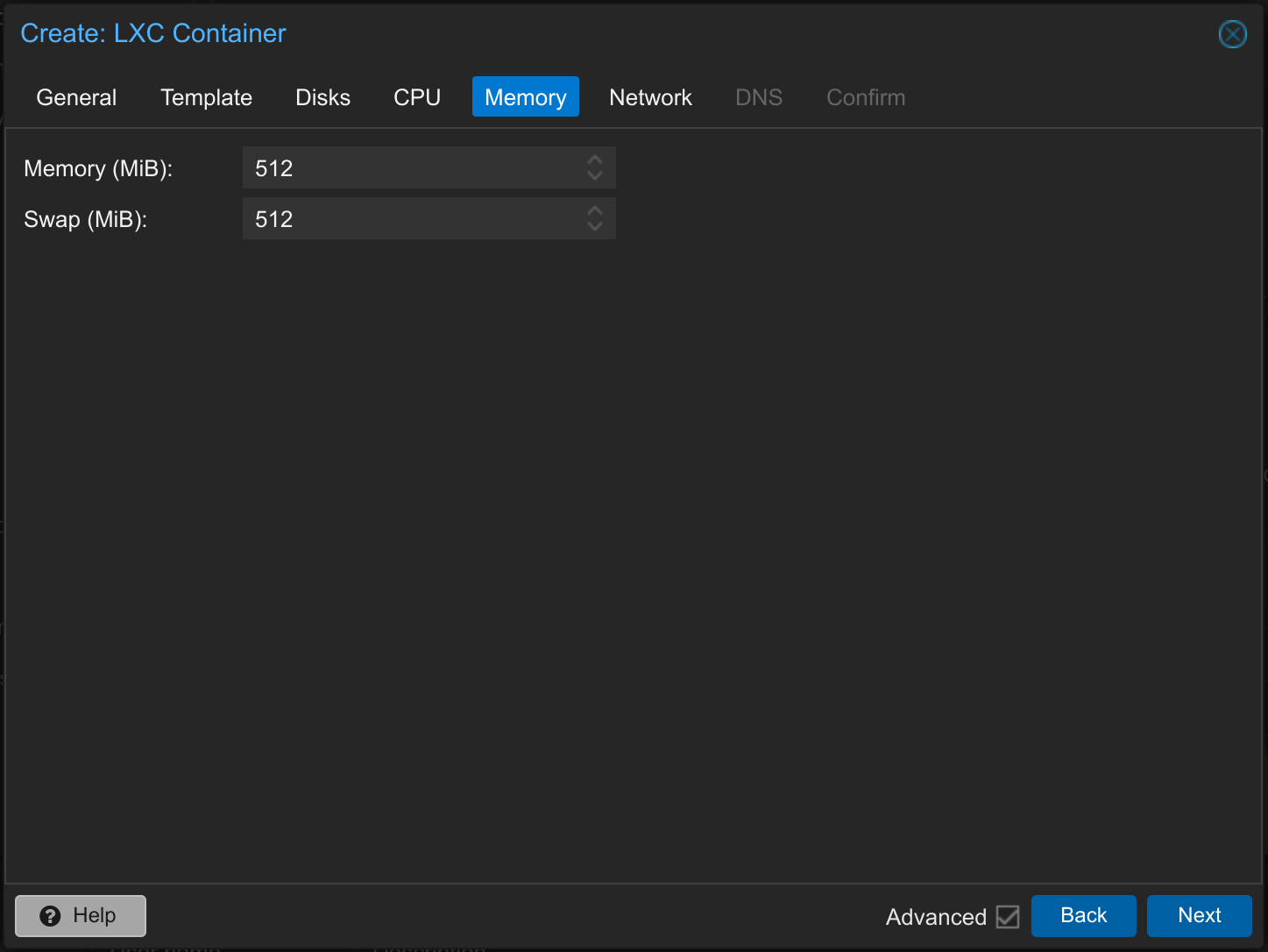 Install Proxmox Container LXC in 10 steps 8 memory