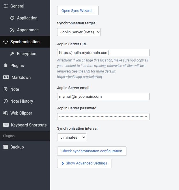 Self hosted Joplin LXC Container Client Synchronisation